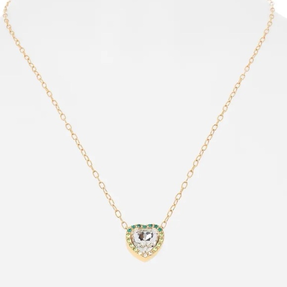 Kurt Geiger Gold Crystal Heart Pendant Necklace and Green Accents - Picture 2 of 7